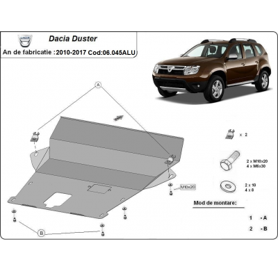 Cubre carter de Aluminio para Dacia Duster Año: 2010 - 2017 Grosor: "4"mm Todas las motorizaciones