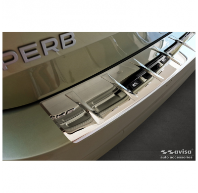 Protector de parachoques trasero de acero inoxidable cromado adecuado para Skoda Superb IV Combi 2023- 'Ribs'