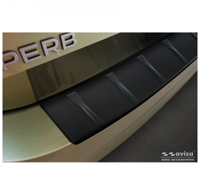 Protector de parachoques trasero de acero inoxidable negro mate adecuado para Skoda Superb IV Combi 2023- 'Ribs'