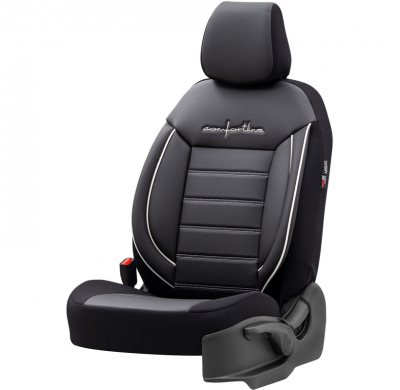 Juego De Fundas De Asiento Universales De Cuero/Tela 'Comfortline' Negro/Gris + Ribete Blanco - 11 Piezas - Apto Para Airbags La