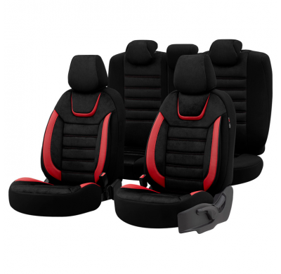 Juego De Fundas De Asiento Universales De Ante/Cuero/Tela 'Iconic' Negro/Rojo - 11 Piezas - Valido Para Bolsas De Aire Laterales