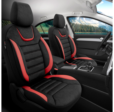 Juego De Fundas De Asiento Universales De Ante/Cuero/Tela 'Iconic' Negro/Rojo - 11 Piezas - Valido Para Bolsas De Aire Laterales