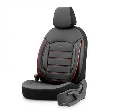 Juego de fundas de asientos universales en cuero 'Inspire' negro + detalles en rojo - 11 piezas - apto para airbags laterales