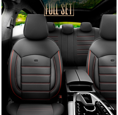 Juego de fundas de asientos universales en cuero 'Inspire' negro + detalles en rojo - 11 piezas - apto para airbags laterales