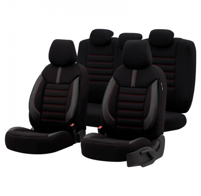 Juego De Fundas De Asiento Universales De Tela/Cuero 'Limited' Negro + Costuras Rojas - 11 Piezas - Valido Para Bolsas De Aire L