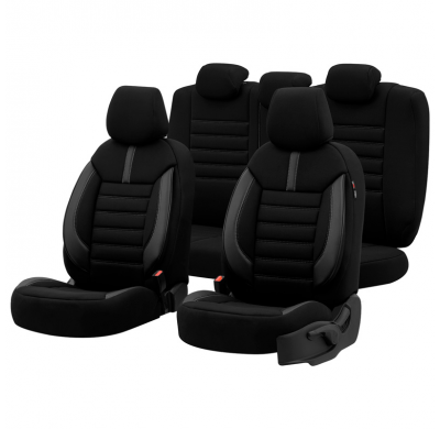 Juego De Fundas De Asiento Universales De Tela/Cuero 'Limited' Negro + Costuras Grises - 11 Piezas - Valido Para Bolsas De Aire