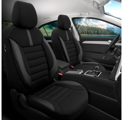 Juego De Fundas De Asiento Universales De Tela/Cuero 'Limited' Negro + Costuras Grises - 11 Piezas - Valido Para Bolsas De Aire