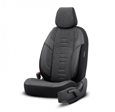Juego de fundas de asiento universales en lino/cuero/tela 'Throne' negro/gris - 11 piezas - apto para airbags laterales