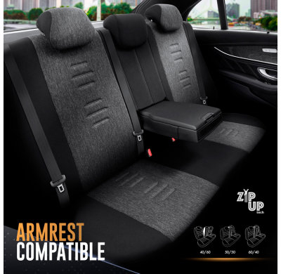 Juego de fundas de asiento universales en lino/cuero/tela 'Throne' negro/gris - 11 piezas - apto para airbags laterales