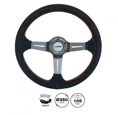 Volante Simoni Racing High-End Racing Carlos 350mm - Carbono Real - Ante Negro + Costuras Rojas