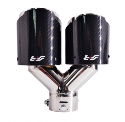 Cola de escape doble izquierda redonda/inclinada Simoni Racing Inox y carbono - Ø102xL215-230mm - Instalación ->40-63mm