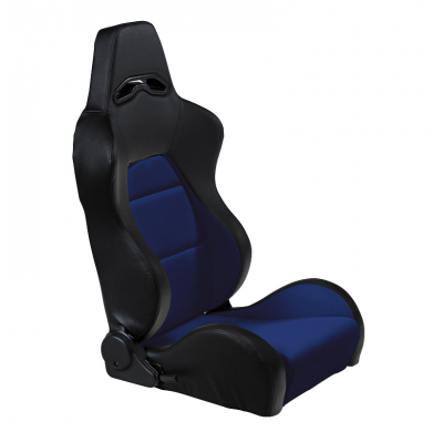 Asiento Deportivo Autostyle 'Eco' - Negro/Azul Cuero Sintetico - Lado Derecho Reclinable Back-Rest - Incl. Guías Universales
