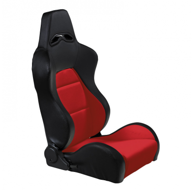 Asiento Deportivo Autostyle 'Eco' - Negro/Rojo Cuero Sintetico - Lado Izquierdo Reclinable Back-Rest - Incl. Guías Universales