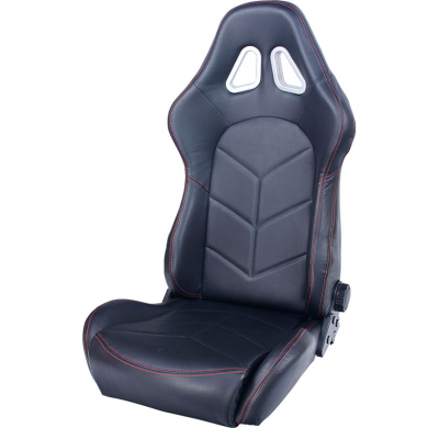 Asiento Deportivo Autostyle 'Tn' - Negro Cuero Sintetico + Rojo Costuras - Respaldo Reclinable De Dos Lados - Incl. Guías Univer