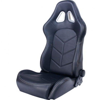 Asiento Deportivo Autostyle 'Tn' - Negro Cuero Sintetico + Silver Costuras - Respaldo Reclinable De Dos Lados - Incl. Guías Univ