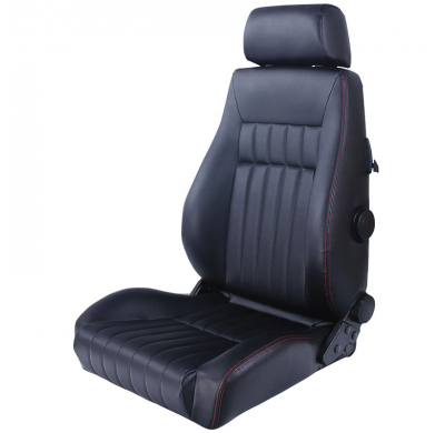 Asiento Deportivo Autostyle 'Retro' - Negro Cuero Sintetico + Rojo Costuras - Respaldo Reclinable De Dos Lados - Incl. Guías Uni