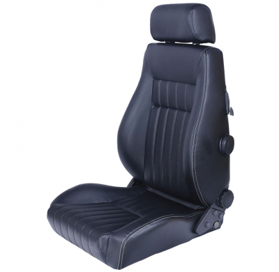 Asiento Deportivo Autostyle 'Retro' - Negro Cuero Sintetico + Silver Costuras - Respaldo Reclinable De Dos Lados - Incl. Guías U