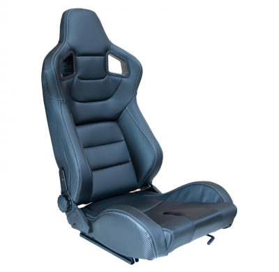 Asiento Deportivo 'Rk' - Piel Sintética Negra + Costura Plateada - Respaldo Reclinable Por Ambos Lados -Incluye Guias Universale