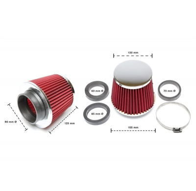 Filtro de aire deportivo TA Technix Ã90mm con cubierta cromada  Filtro universal redondo-cónico Filtro Ã 155mm/120mm longitud