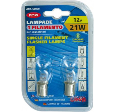 Blister De 2 Lamparas Economicas, P21w, 1 Polo, 12 V. 21 W. Valido Para Intermitente, Freno, Marcha Atras, Antiniebla Trasera 58