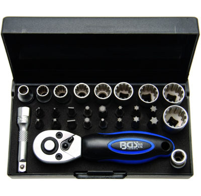 Juego De Carraca Extra Corta Con Vasos "Gear Lock" Y Puntas - 28 Piezas