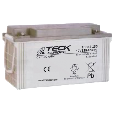 Bateria Teck Cyclic Agm 12v Referencia: Tbc12-130 - Voltaje 12 - Capacidad (Ah-20h) 128 - Dimensiones: L(Mm) 408 - an (Mm) 177 -