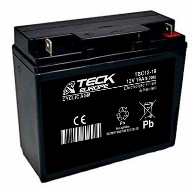 Bateria Teck Cyclic Agm 12v Referencia: Tbc12-19 - Voltaje 12 - Capacidad (Ah-20h) 19 - Dimensiones: L(Mm) 182 - an (Mm) 77 - Al