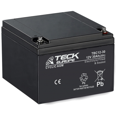Bateria Teck Cyclic Agm 12v Referencia: Tbc12-30 - Voltaje 12 - Capacidad (Ah-20h) 30 - Dimensiones: L(Mm) 166 - an (Mm) 175 - A