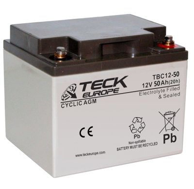 Bateria Teck Cyclic Agm 12v Referencia: Tbc12-50 - Voltaje 12 - Capacidad (Ah-20h) 50 - Dimensiones: L(Mm) 197 - an (Mm) 165 - A
