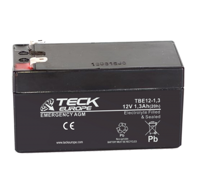 Bateria Teck Emergency Agm 12v Referencia: Tbe12-1,3 - Voltaje 12 - Capacidad (Ah-20h) 1,3 - Dimensiones: L(Mm) 97 - an (Mm) 43