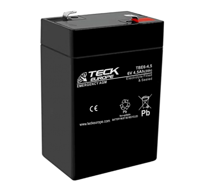 Bateria Teck Emergency Agm 6v Referencia: Tbe6-4,5 - Voltaje 6 - Capacidad (Ah-20h) 4,5 - Dimensiones: L(Mm) 70 - an (Mm) 47 - A
