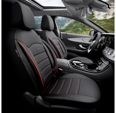 Juego de fundas de asientos universales en cuero 'Inspire' negro + detalles en rojo - 11 piezas - apto para airbags laterales
