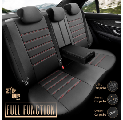 Juego de fundas de asientos universales en cuero 'Inspire' negro + detalles en rojo - 11 piezas - apto para airbags laterales