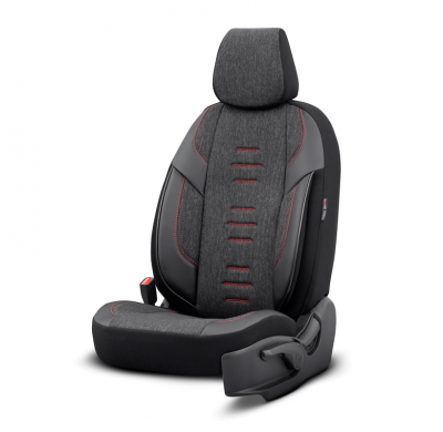 Juego de fundas de asiento universales en lino/cuero/tela 'Throne' negro/gris/rojo - 11 piezas - apto para airbags laterales