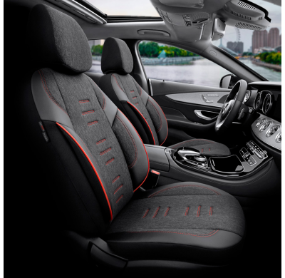 Juego de fundas de asiento universales en lino/cuero/tela 'Throne' negro/gris/rojo - 11 piezas - apto para airbags laterales