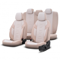 Juego de fundas de asiento universales en lino/cuero/tela &#039;Throne&#039; Crema - 11 piezas - apto para airbags laterales