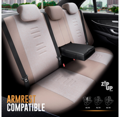 Juego de fundas de asiento universales en lino/cuero/tela 'Throne' Crema - 11 piezas - apto para airbags laterales