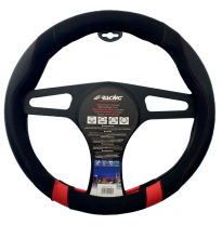 Funda para volante Simoni Racing Good Vibe R - 37-39cm - Ecopiel negra, microfibra, apariencia de carbono Detalles en rojo