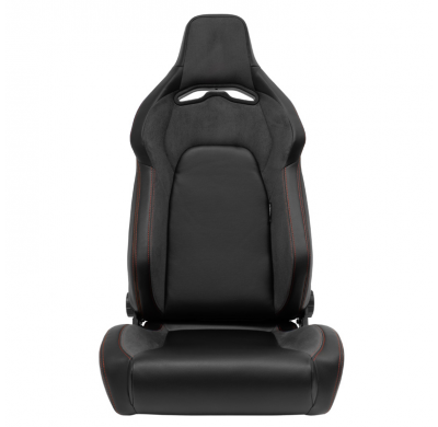 Asiento deportivo 'VGR' - Cuero sintético negro + Tela/ante gris oscuro + Costuras rojas - Respaldo reclinable en ambos lados -