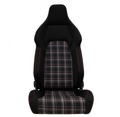 Asiento deportivo 'VGR' - Tela negra + Tela con estampado de cuadros rojos + Costuras rojas - Respaldo reclinable en ambos lados