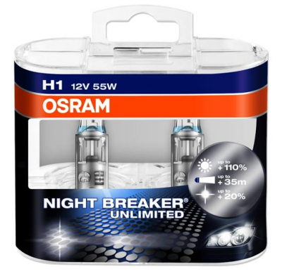 Kit Lamparas Osram H1, 64150 Night Breaker Unlimited, 55 W. 12 V. P14,5s, 110% + Luz (F.R.) , Out